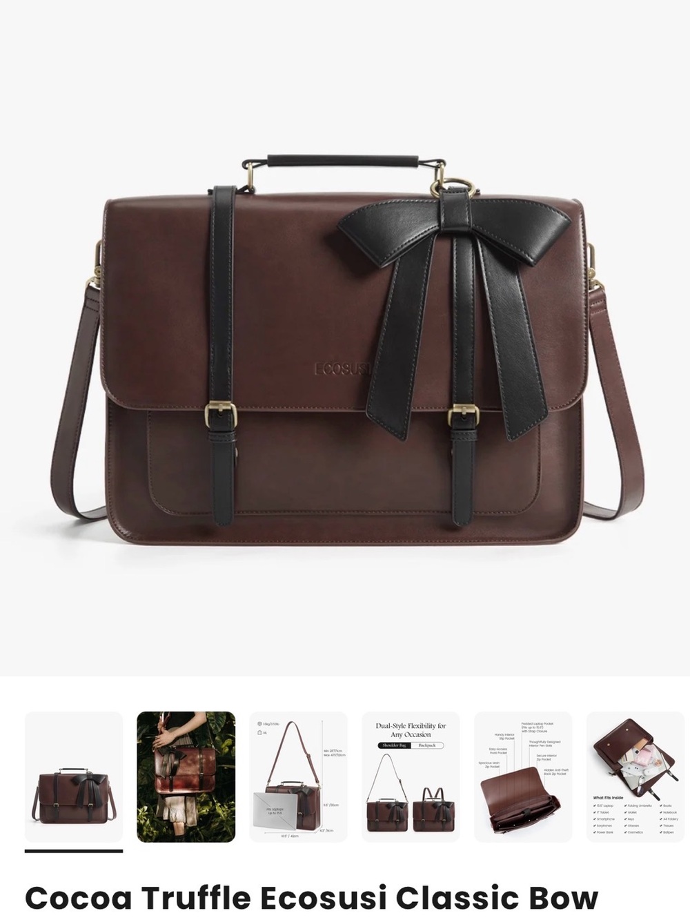 Ecosusi Classic Laptop Satchel in Cocoa Truffle with Black Bow